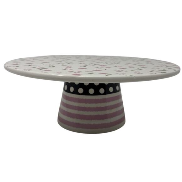 Sur La Table Ceramic Cake Stand 8.5" Ceramic Floral and Stripes - Picture 1 of 5